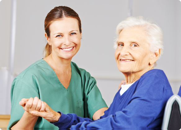 nurse and old woman smiling